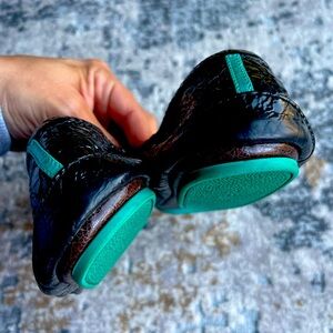 Tieks black patent leather snake print with teal bottoms